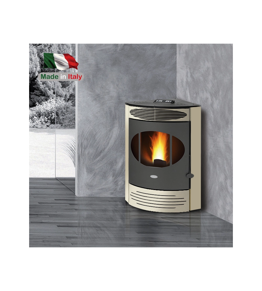 Stufa a pellet angolare ventilata caris "gemma" avorio 10,5 kw